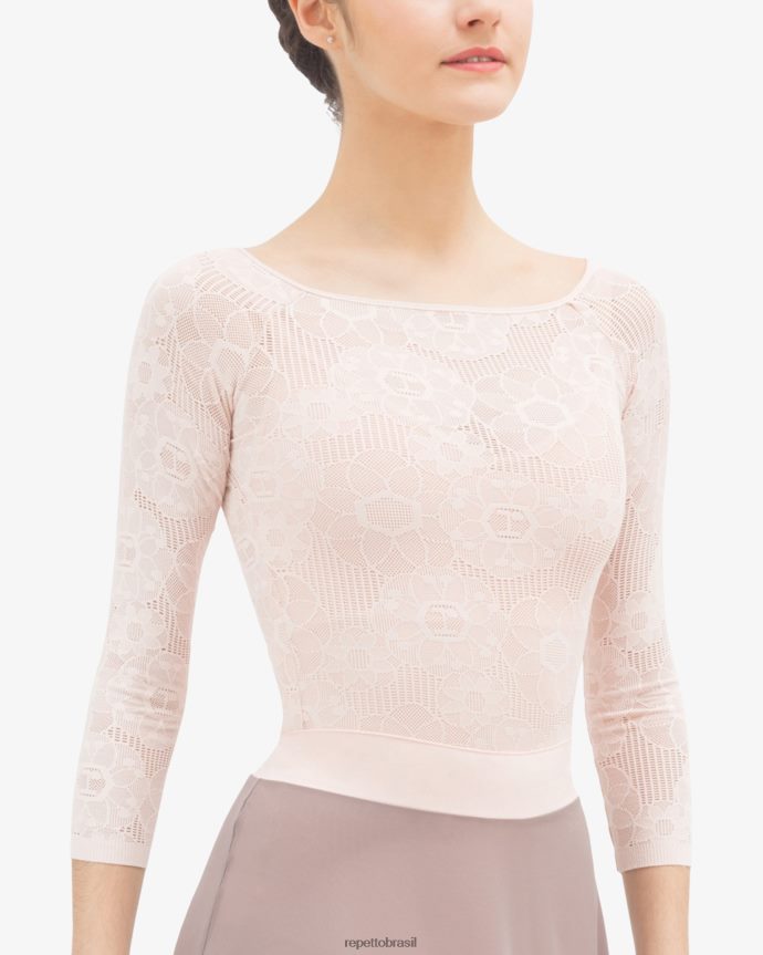 roupas br Repetto mulheres top de mangas compridas em renda roseta pétala rosa 8JZ2L8547